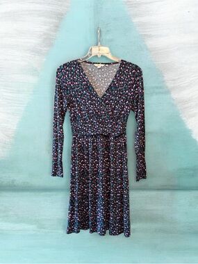 Boden Long-Sleeve Wrap Dress in Black with Pink & Blue Floral Print